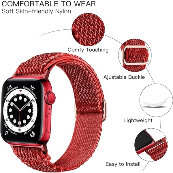 Elastiska band som är kompatibla med Apple Watch -band, Stretchy Solo Loop Mjuk nylon för kvinnor Män/Röd/Storlek: 42/44/45 mm