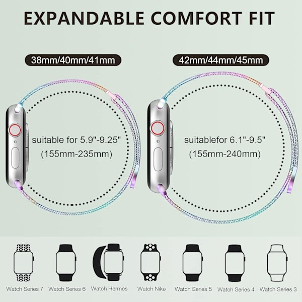 Rostfritt stål mesh loop magnetiskt spänne ersättning för iWatch band (41mm/40mm/38mm, Regnbåge).