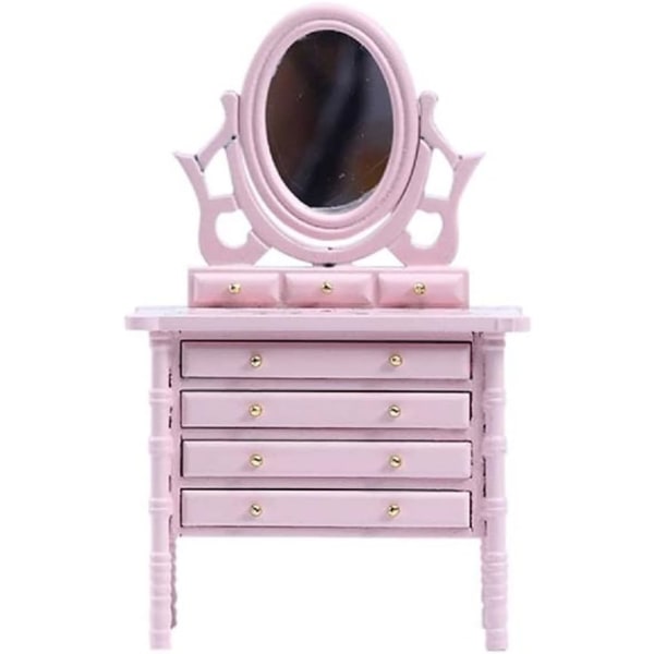 Miniatyr dockskåp Sminkbord Möbler Makeup Sminkbord med spegel och 4 lådor Minihustillbehör Vardagsrumsscen dekoration (rosa)
