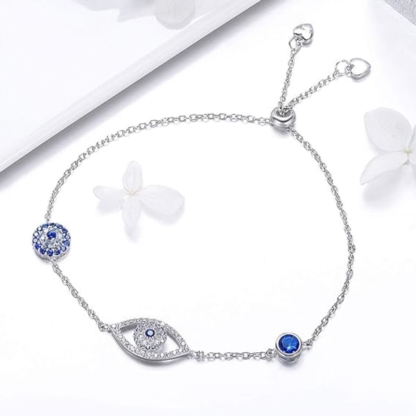 Damer Evil Eye Beskyttelses Armbånd 925 Sterling Sølv Hvitgullbelagt Justerbare Armbånd