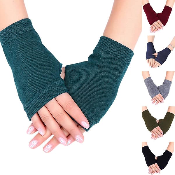 Fingerless Gloves Stretchy Knitted Thumb Hole Mittens Solid Color Short Hand Warmers 1