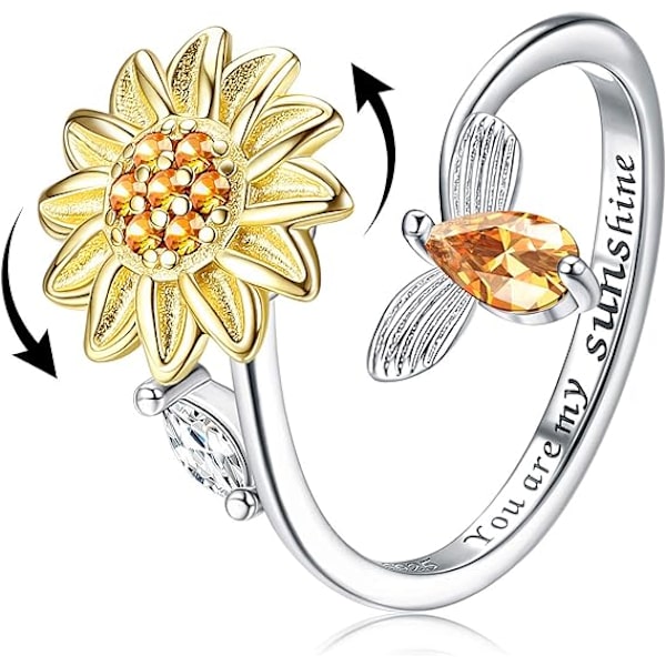 S925 Sterling Sølv Fidget Ringe til Kvinder Justerbar Åben Ring Kubisk Zirkonia Solsikke Du er Mit Solskin Ring Spinner Gave til Valentinsdag