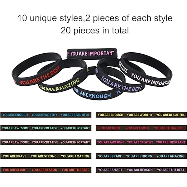 Färgglada tryckta citat för män och kvinnor vuxen armband färg inspirerande citat present silikon armband-（Svart）20 st
