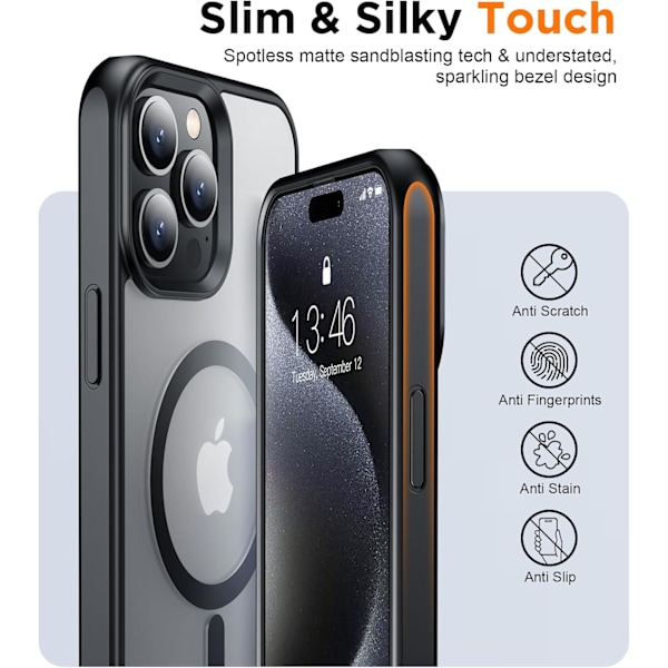 Magneettinen iPhone 16 Pro Max -kotelo, [Sisäänrakennettu näkymätön jalusta][Yhteensopiva MagSafe-tekniikan kanssa] [Sotilastason iskunkestävä] Ohut läpikuultava Black Matte iPhone 15 Pro Max