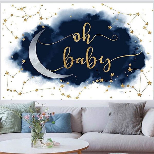 Oh Baby Nyfödd Kön Avslöja Bakgrund Kön Avslöja Fest Dekorationer Banner Blå Vit Moln Glitter Stjärna Fotografi Bakgrund Fotobås Rekvisita