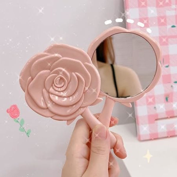 Retro rose spejl, bærbar lommespejl med håndtag, kreativt spejl i plastik, skønhedsspejl til påklædning - Hvid