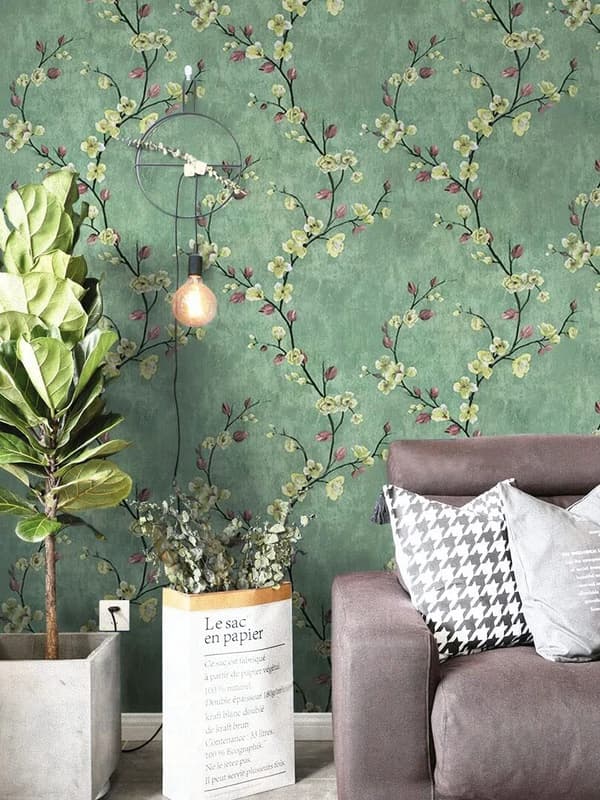 Self-adhesive wallpaper, green floral and tree pattern, 17.7 inches x 393.7 inches