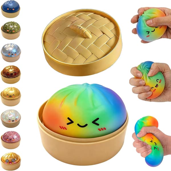 Glitter Dumpling Squishy, Dumpling Squishies, Glitter Dumpling Mystery Box, Farverige Dumpling Stressbolde Fidget, Jumbo Squishy Legetøj med Damperkasse Sæt Rainbow Colors