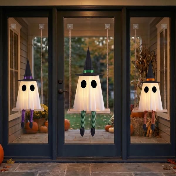 Halloween Swinging Ghost Outdoor Decor, Scary Hanging Ghost Decorations Set of 3, Timer Function, Remote Control, Unique Ghost and Witch Fusion Design