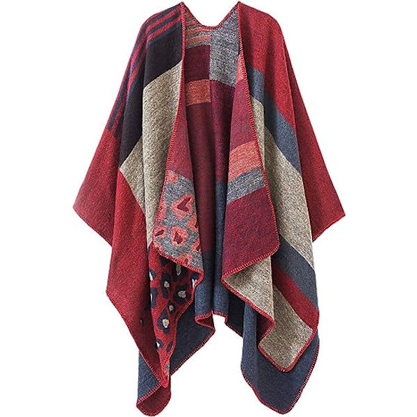 Dame Plaid Strikket Poncho Kappejakke Åpen Front Teppe Sjal og Wraps