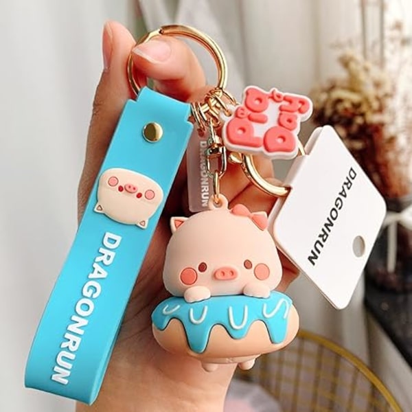 Søte nøkkelringer med griser - 3d Kawaii Anime nøkkelring - Tilbehør til bilnøkkel, veske, sjarmerende dekorasjon - Gave til jenter og gutter - Blå donutgris