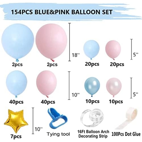 154 st Gender Reveal Party Supplies - Rosa och blå ballonggirland Arch Kit, Guld Folie Stars Ballonger för Party Supplies