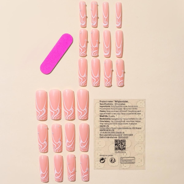 24 st Square Press on Nails Långa glansiga rosa falska naglar Akryl lösnaglar med pärldesign Extra långa franska randiga konstgjorda naglar