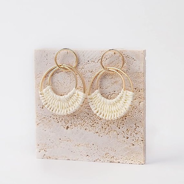 Raffia Hoop Örhängen Roliga Boho Sommar Strand Örhängen Lätta Handgjorda Halm Korg Rattan Hängande Örhängen Statement Geometriska Runda Drop Örhängen