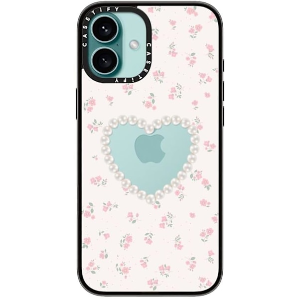 Kompakt iPhone 16 Pro Max Deksel [Lettvekt / 1,2 m 2X Militær Grad Fallbeskyttelse/Slank] - Kirsebær - Klar Svart Pearly Heart iPhone 16 Plus