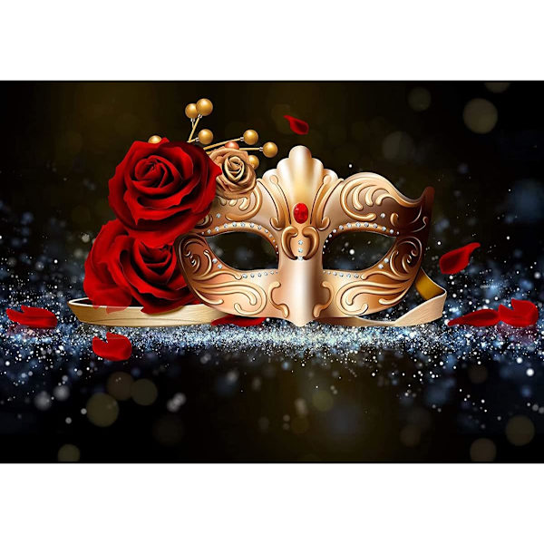 Masquerade-festbakgrunn med gullmaske og rød rose - Bakgrunn for Fiesta Mardi Gras-arrangement, dansefoto, bursdag, studiofoto, 5 x 5 fot