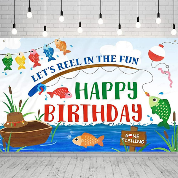 Gone Fishing Taustakuva Syntymäpäiväjuhlan Koristelu Let's Reel in The Fun Happy Birthday Banner Valokuvaustaustalle Syntymäpäiväkakun Pöytävarusteet