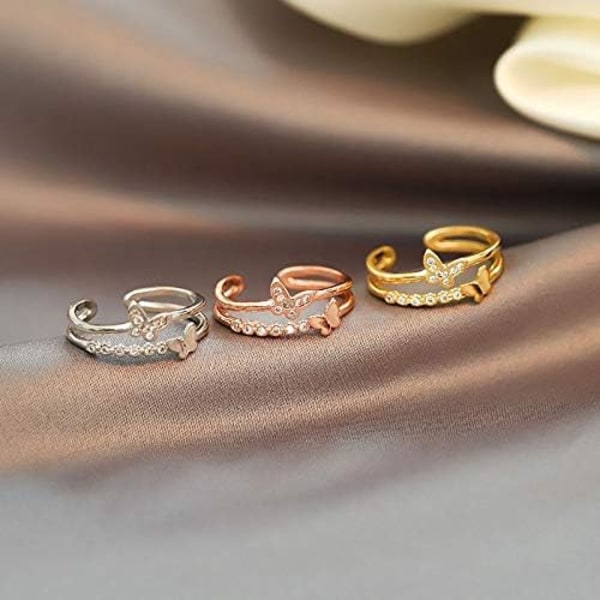 Fjäril Ring för Kvinnor Tonårsflickor Silver Rose Guld Dubbel Fjäril Ring Justerbar Kristall Fjäril Knuckle Ring