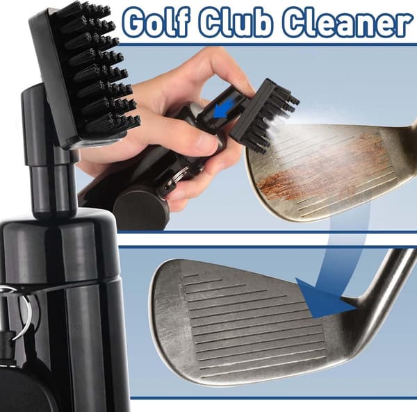 Golfmailan puhdistusharja suihkepullolla ja sisäänvedettävällä klipsillä – golfarin pakollinen varuste.