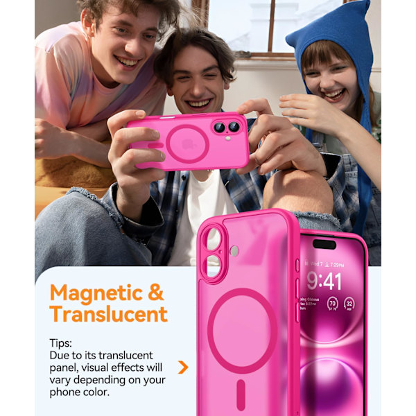 Magnetiskt skal för iPhone 16 Pro Max med fullständigt kameraskydd [Kompatibel med MagSafe] [Genomskinlig matt] Skyddande telefonfodral, Lila Hot Pink iPhone 16