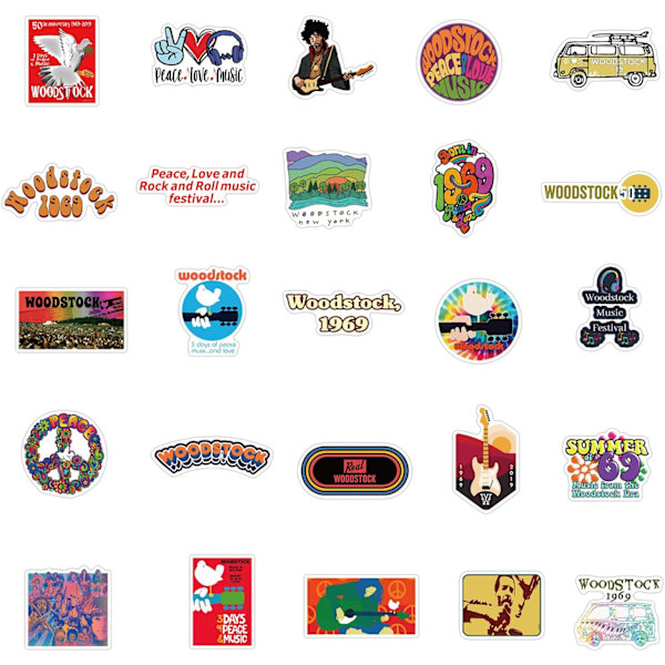 Woodstock Festival Stickers - 50 st tecknade vattentäta dekaler DIY för festtillbehör PVC-dekoration för bärbar dator gitarr present till tonåringar familj vänner