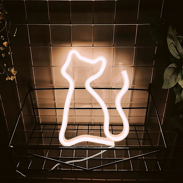 Katt Neon Skyltar, USB eller 3-AA Batteridriven Neonljus, LED-ljus Bordsdekoration, Flickors Sovrumsväggdekor, Barnens Födelsedagspresent (Varm)