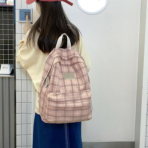 Light Academia -tyylinen reppu Ruudullinen Preppy-reppu Teini-tytöille Kirjakassit Takaisin kouluun -reppu Tarvikkeet (Hento vaaleanpunainen)