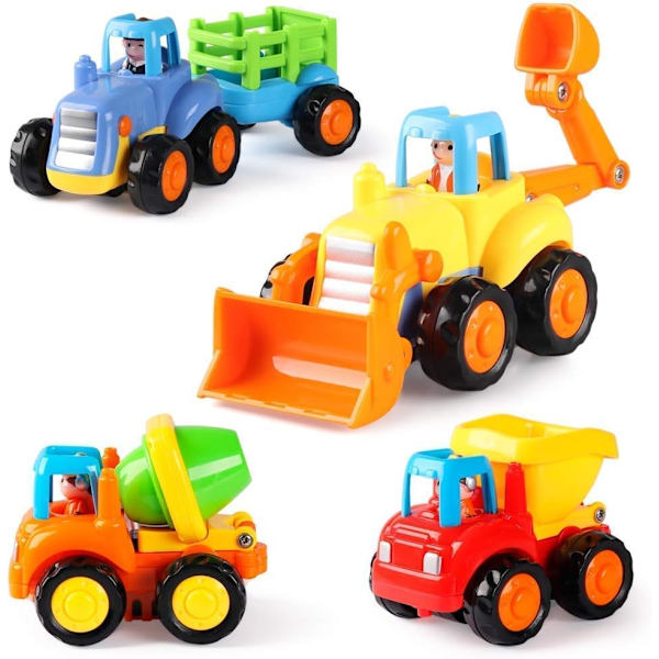 4-delad friktionsdriven fordonsbyggnad leksaksset, push-pull traktor, bulldozer, cementblandare, barn gåva för pojkar och flickor