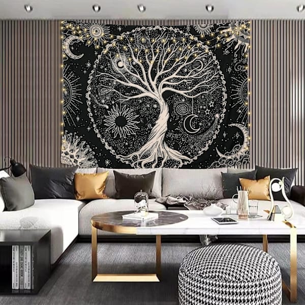 Livets Træ Gobelin Trippy Mandala Væg Gobelin Sol og Måne Gobeliner Sort Galakse Stjerner Gobelin Boheme Æstetisk(L/148X200cm(, Sort)