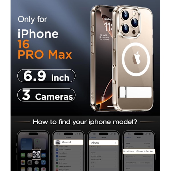 Magnetiskt kompatibel med iPhone 16 Pro Max-fodral, [Inbyggt osynligt stativ][Kompatibelt med MagSafe] [Militärklass stöttåligt] Smalt genomskinligt Clear-Stand for iPhone 16 Pro Max 6.9"