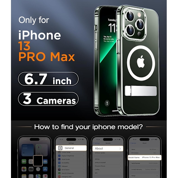 Magnetiskt kompatibel med iPhone 16 Pro Max-fodral, [Inbyggt osynligt stativ][Kompatibelt med MagSafe] [Militärklass stöttåligt] Smalt genomskinligt Clear-Stand iPhone 13 Pro Max