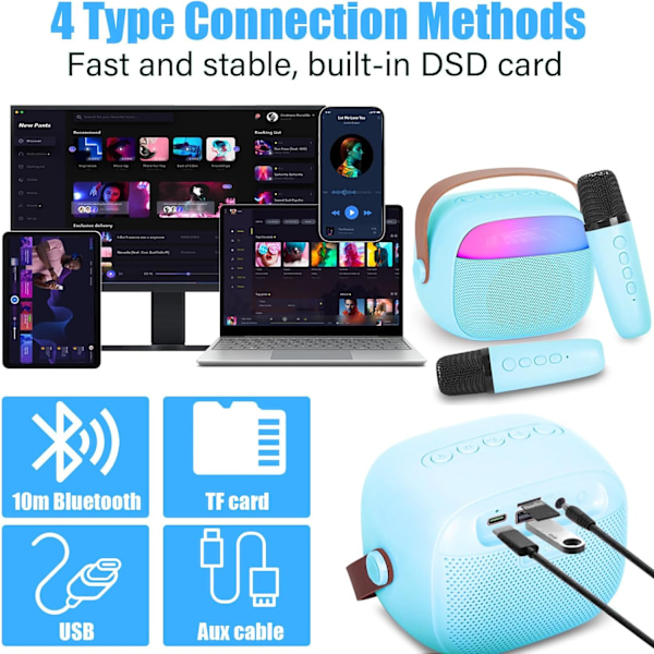 Karaokemaskin för barn med 2 trådlösa mikrofoner, portabelt KTV-system med Bluetooth, högtalare med röstförvrängningseffekter och LED-lampor Blue