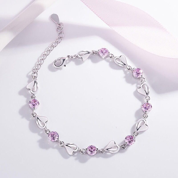 Sølv armbånd for kvinner, 925 sterling sølv hjerte armbånd vennskap armbånd krystall armbånd zirkonia justerbare dame armbånd (lilla)