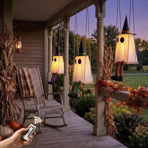 Halloween Swinging Ghost Outdoor Decor, Scary Hanging Ghost Decorations Set of 3, Timer Function, Remote Control, Unique Ghost and Witch Fusion Design