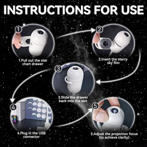 2-in-1 Starry Sky Projector Night Light, 5 Slides, Adjustable Focus & Brightness, 360° Rotating USB for Bedroom Car Roof