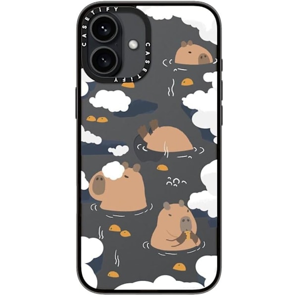 Kompakt iPhone 16 Pro Max Deksel [Lettvekt / 1,2 m 2X Militær Grad Fallbeskyttelse/Slank] - Kirsebær - Klar Svart Floating Capybara iPhone 16 Plus