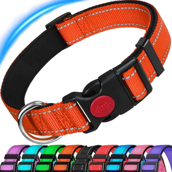 Halsband för hund, reflekterande justerbart bas med mjukt neoprenfoder, hållbara nylon husdjurshalsband för valp små medelstora stora hundar, orange, S: 9-14,2 tum