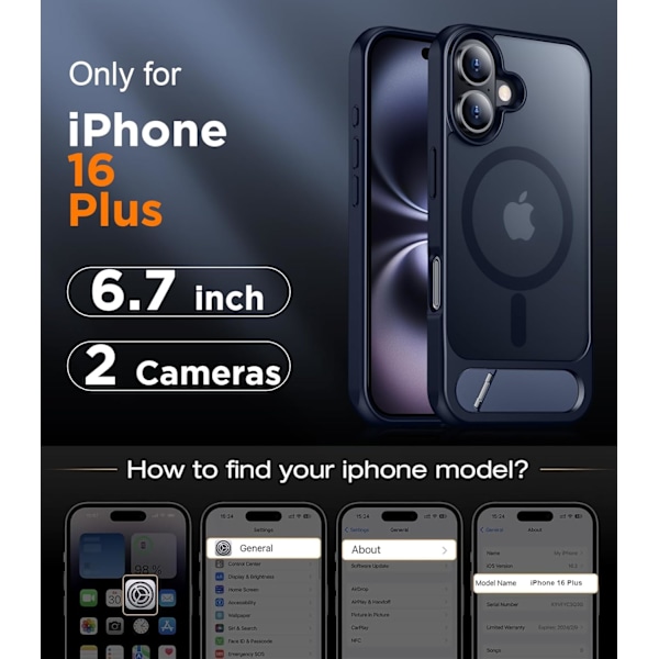 Magnetiskt kompatibel med iPhone 16 Pro Max-fodral, [Inbyggt osynligt stativ][Kompatibelt med MagSafe] [Militärklass stöttåligt] Smalt genomskinligt Blue for iPhone 16 Plus 6.7"