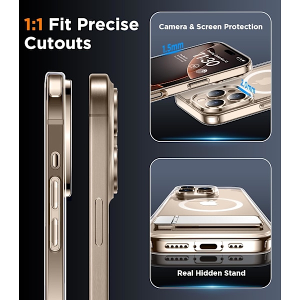 Magneettinen iPhone 16 Pro Max -kotelo, [Sisäänrakennettu näkymätön jalusta][Yhteensopiva MagSafe-tekniikan kanssa] [Sotilastason iskunkestävä] Ohut läpikuultava Clear-Stand for iPhone 16 Pro Max 6.9"