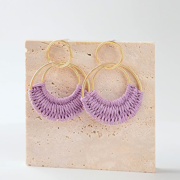 Raffia Hoop Örhängen Roliga Boho Sommar Strand Örhängen Lätta Handgjorda Halm Korg Rotting Hängande Örhängen Statement Geometriska Runda Drop Örhängen