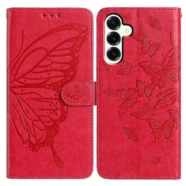 Compatible Case for Samsung Galaxy S25 FE Butterfly Printed Wallet Stand PU Leather Flip Phone Case with Strap Red