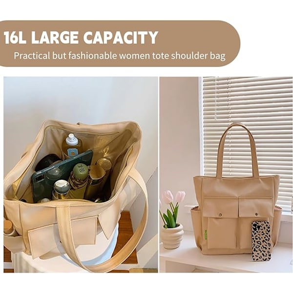 Kvinnor Multi Fickor Dragkedja Vattentät Lätt Tote Väska Casual Stora Axelväskor Söta Canvas College Totes