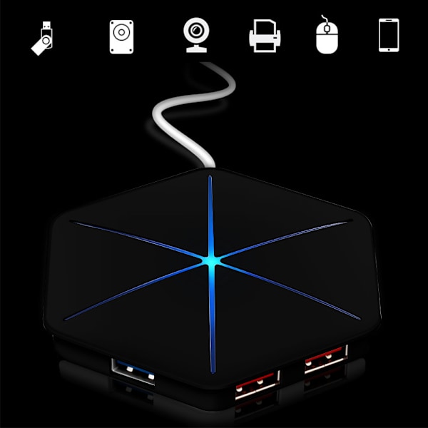 USB Hub Vertikal Data Hub med Langt Kabel - 6 Porte USB Forlængerkabel Ekstra USB Porte-Sort (blåt lys uden OTG-funktion)