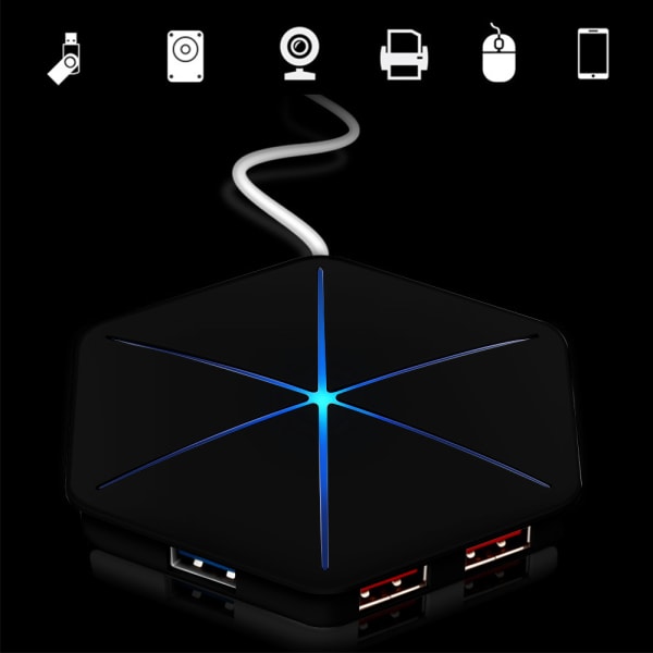 USB-hubb Vertikal datahubb med lång kabel - 6 portar USB-förlängningskabel Extra USB-portar-Svart (blått ljus utan OTG-funktion)