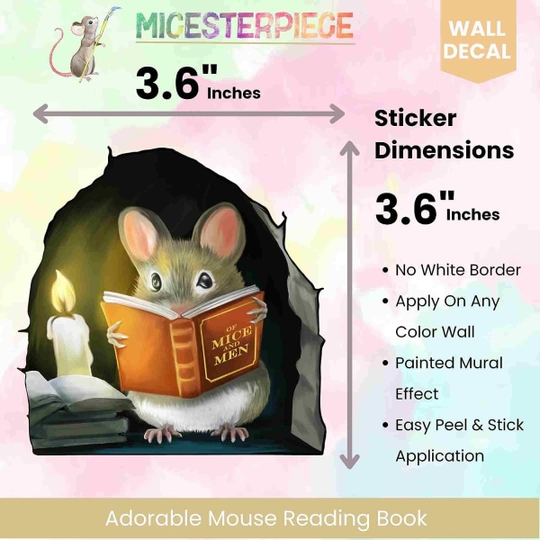 Läsbok för mus, Väggdekordekal, barnrum, klassrum, hem, sovrum, bokhylla, bokälskare, av möss och män, barn, bedårande