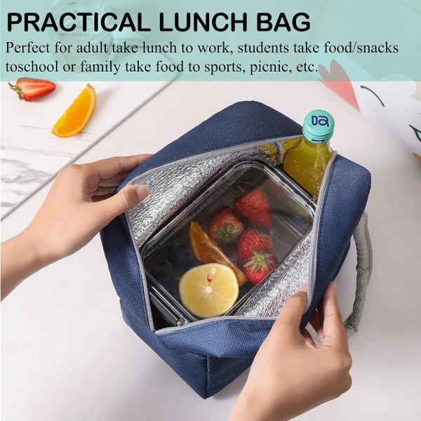 Söta lunchväskor för kvinnor, tecknad termisk lunchväska lunchlåda behållare kylare för vuxna pojkar flickor skola picknick resor (marinblå katt)