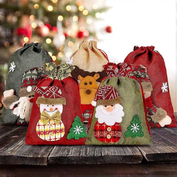 5-pack 3D julklapps- och festpåsar, snögubbedesign, dragskopåsar 20x28cm + 20x30cm, röda julgodispåsar