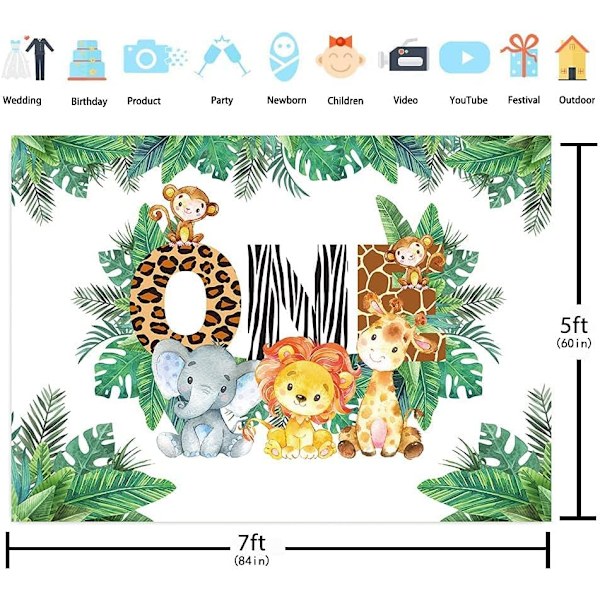 Wild One -tausta 7x5ft Viidakkosafari-teemainen tausta Lasten 1. syntymäpäivän valokuvaustausta Eläin Elefantti Apina