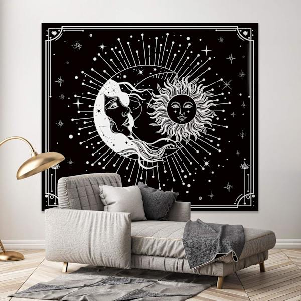 Vægtæppe til vægophæng Stjerner Rum Psykedelisk Sort og Hvid Gobeliner Vægtapet til boligindretning til soveværelse, (Sol og Måne, 130*150 cm)