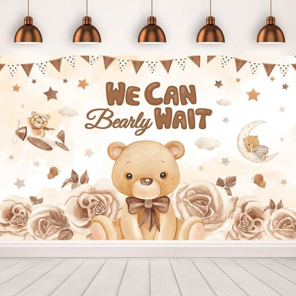 Underbar björn vi kan knappt vänta bakgrund Teddy Bear Baby Shower tårta bordsdekoration banner pojke flicka fest Baby Shower dekorationer banner tillbehör